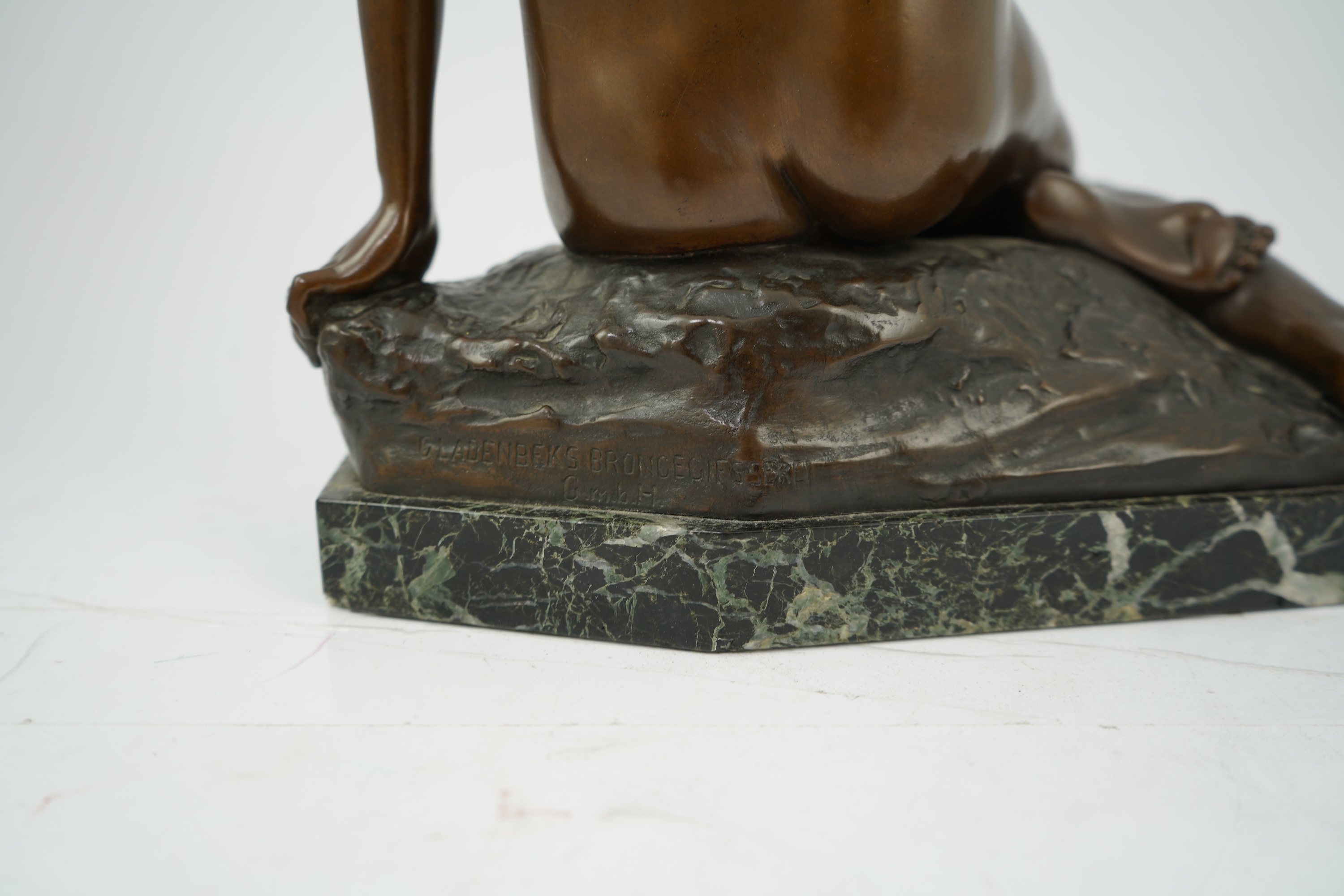 After Arnold Katsch (German, b.1861), an Art Nouveau bronze figure of Psyche, with foundry mark to reverse ‘Gladenbeks Bronceciesserei’, on serpentine marble base, missing butterfly from hand, 34cm